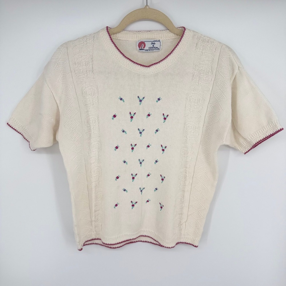 VTG Isle of Cotton Knit Sweater Women M Cream Floral Embroidered Cottagecore USA